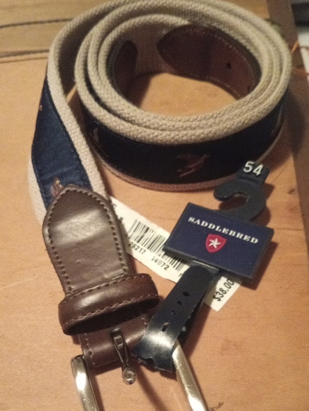 Saddlebred Men's Navy and Tan Woven Belt with Brown Leather Trim